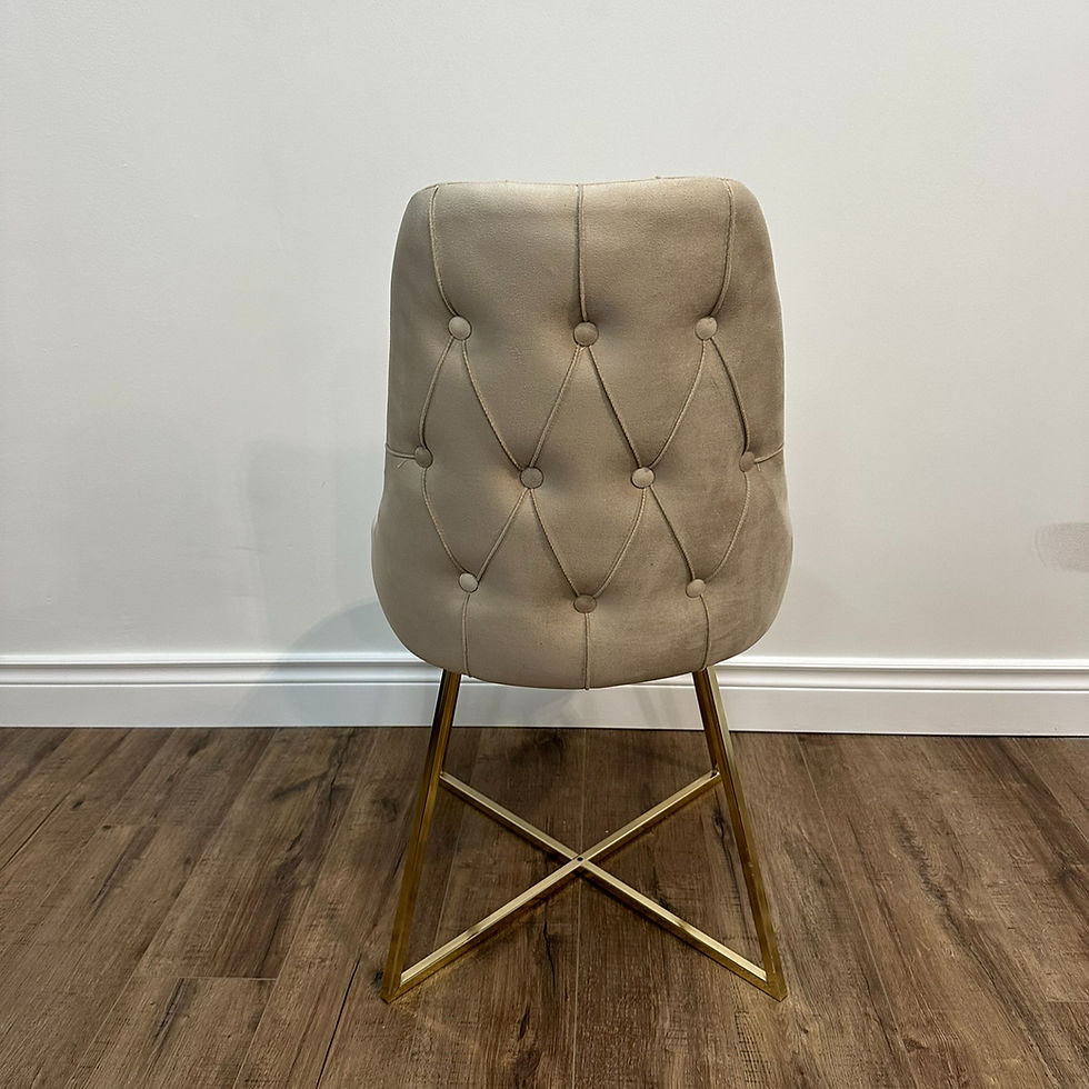 Thumbnail: beige tufted dining chair with x shape gold legs