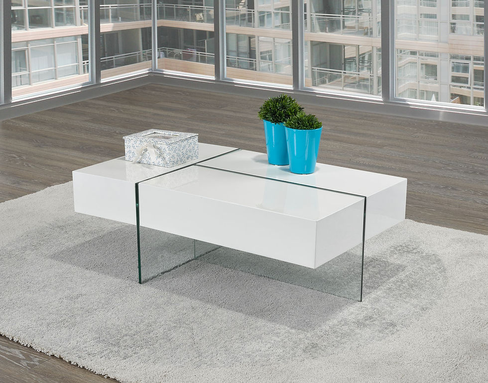 Modern white high-gloss coffee table with tempered glass legs in bright living room