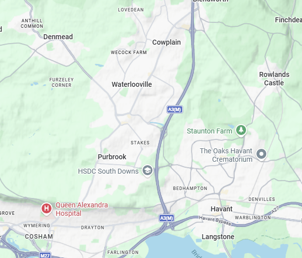 Map of southern Hampshire, including Waterlooville, Widley, Purbrok and Farlington