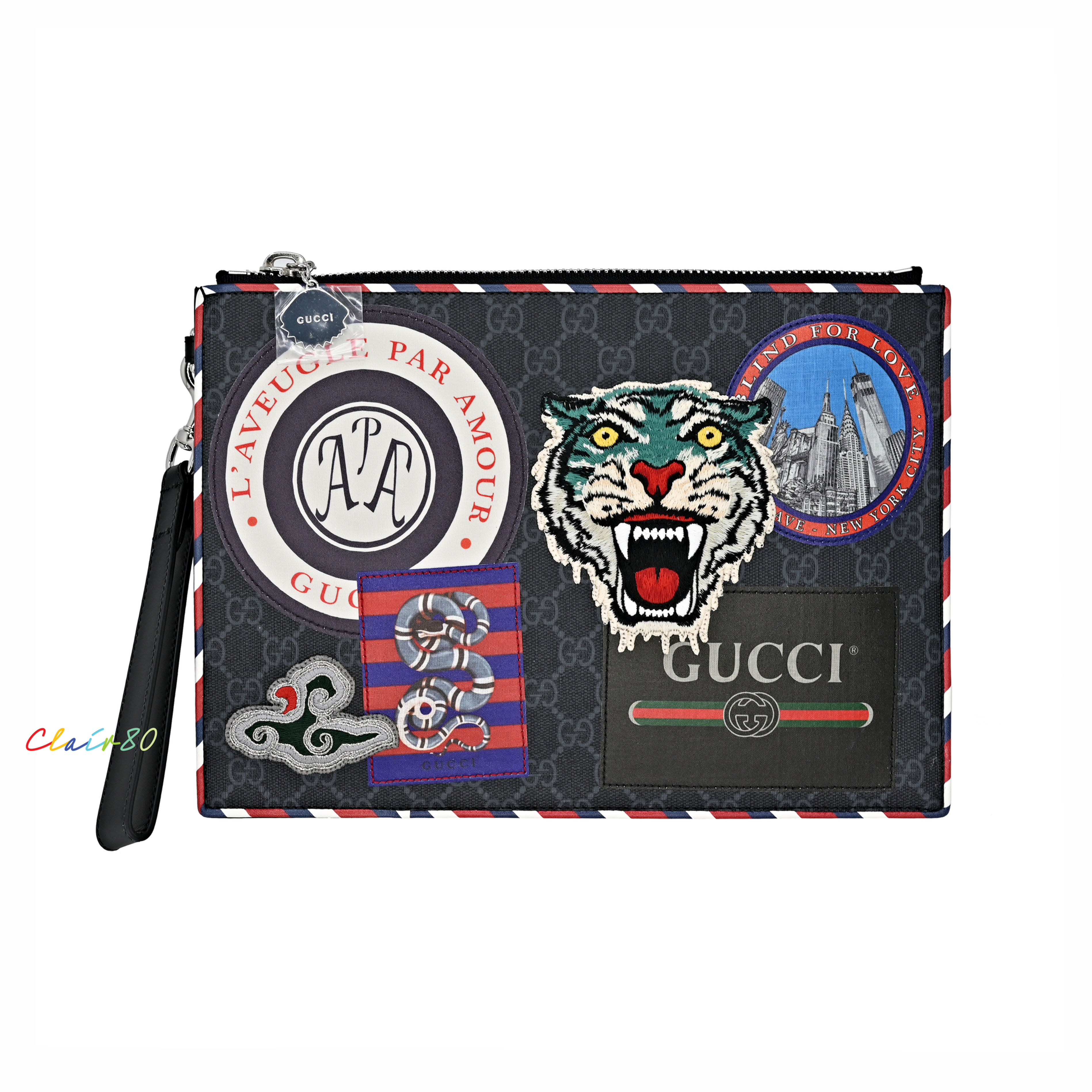 Gucci Night Courrier Large Wrist Pouch Black/ Grey Gg Supreme Canvas Clu