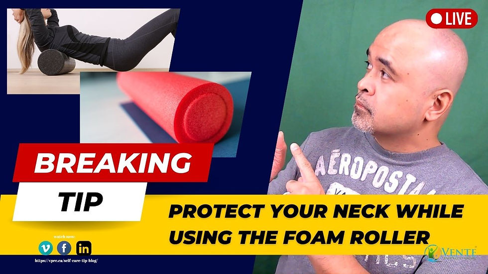 A woman is foam rolling her back. A second  picture of a foam roller is underneath her. Alfie Vente is pointing to the two picture.