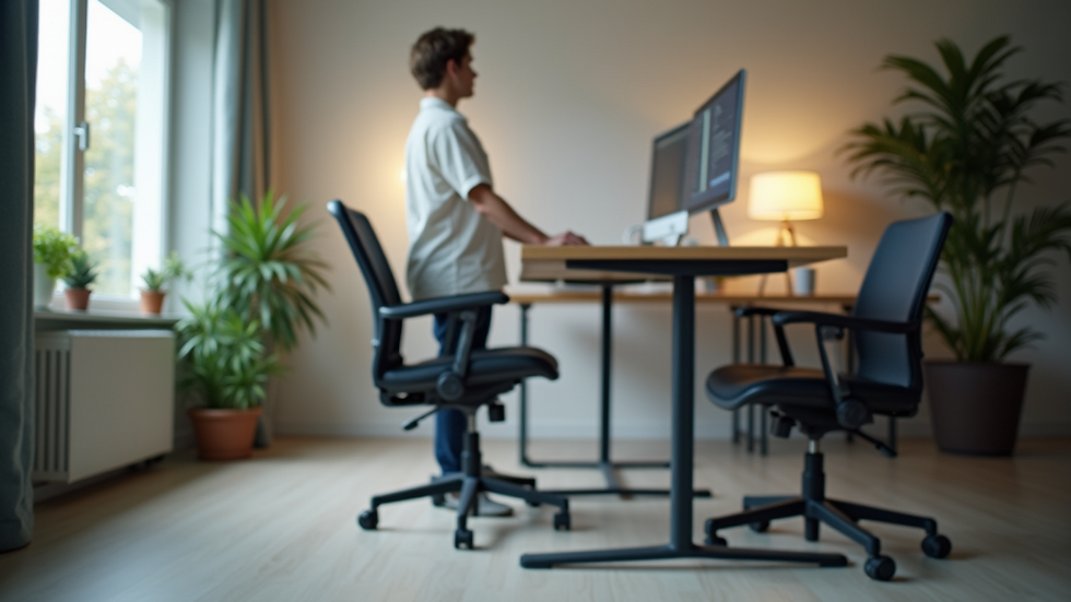 Eye-level view of a standing desk setup with an ergonomic chair nearby