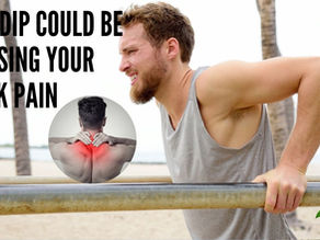 Man doing dip exercise, outdoors. Smaller circular picture underneath showing a man grabbing his neck in pain.