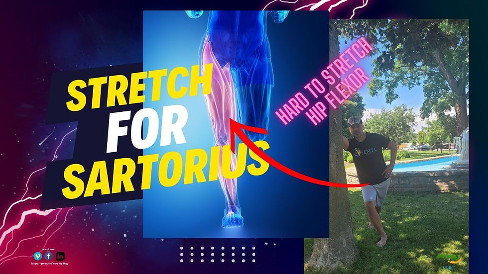 Alfie Vente leaning against a tree. His left thigh is crossing behind his right with the left hip jutting out. Beside him is a picture of a human right thigh with the from thigh muscles and an arrow pointing to the Sartorius muscle.