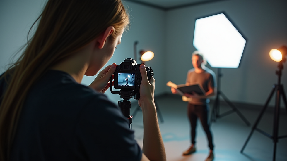 Eye-level view of a photographer capturing a product in a well-lit studio