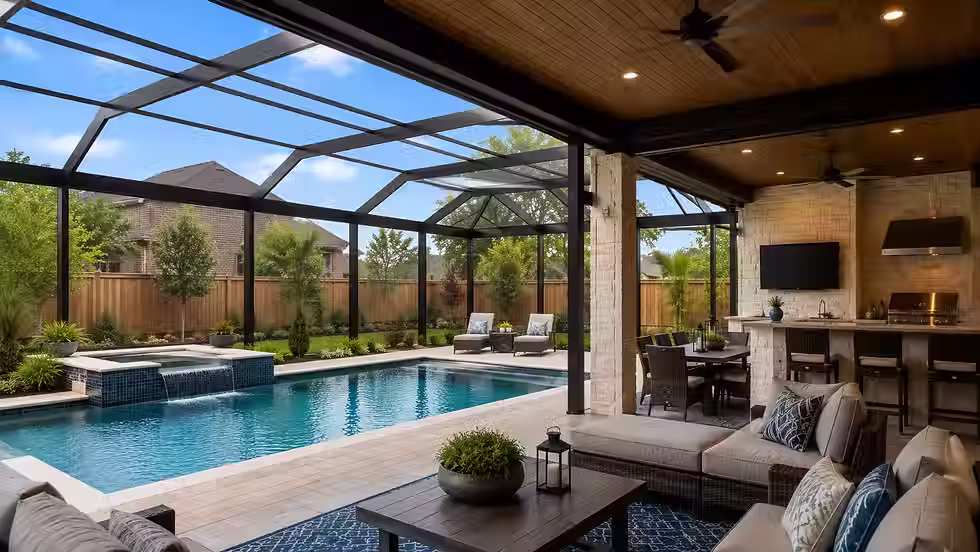 Modern custom patio enclosure surrounding a residential swimming pool in Texas with comfortable outdoor seating and shaded entertainment area.