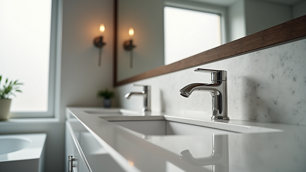 Close-up view of modern bathroom vanity with quartz countertop and chrome faucet
