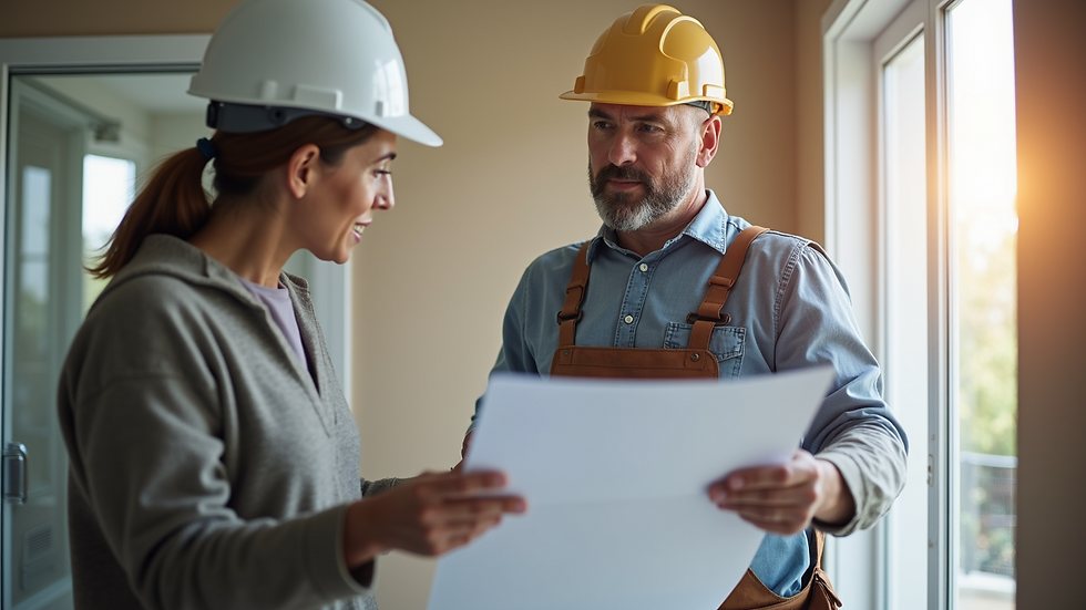 Close-up view of a contractor discussing bathroom renovation plans with a homeowner
