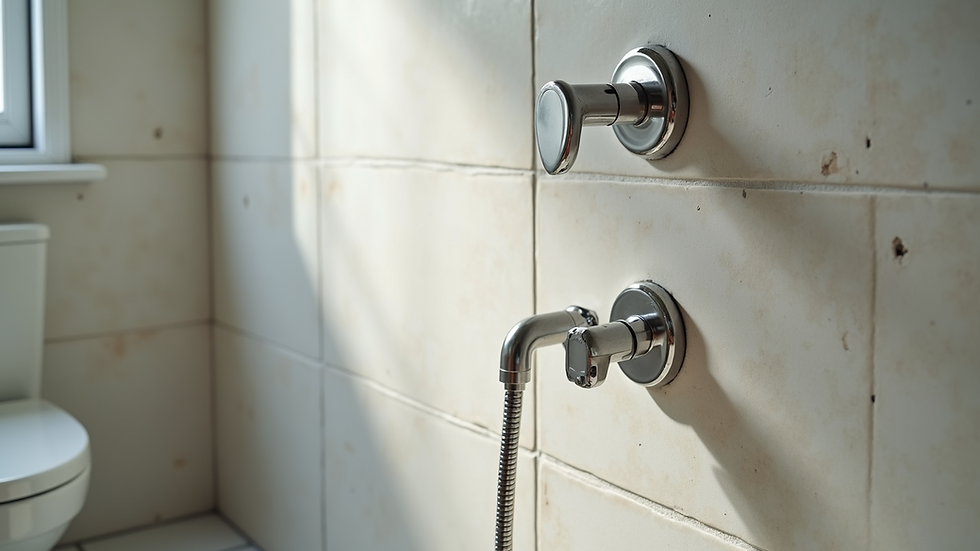 Close-up view of bathroom tiles and fixtures being installed