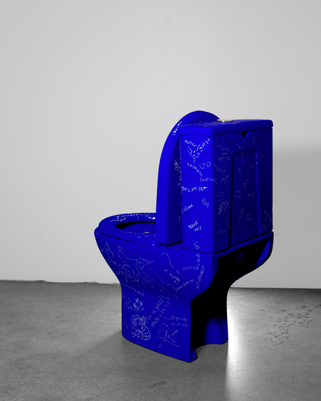 Side and rear view of Venus Alchemica by Mishele, showing blue-painted porcelain and incised inscriptions.