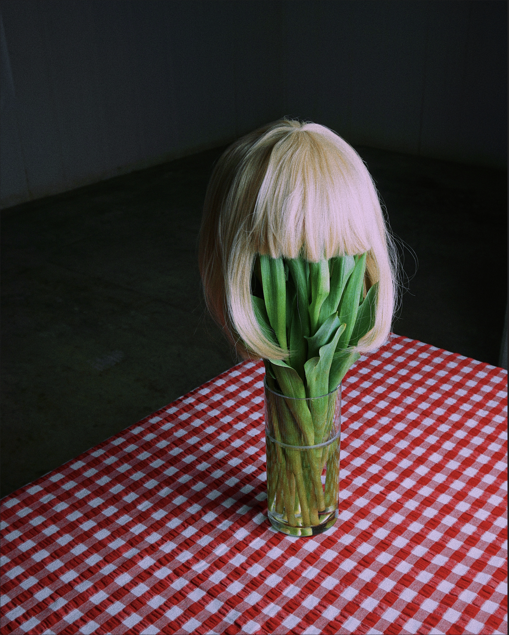 Wig Out by Mishele — a pale synthetic wig placed over a vase of tulips on red gingham.
