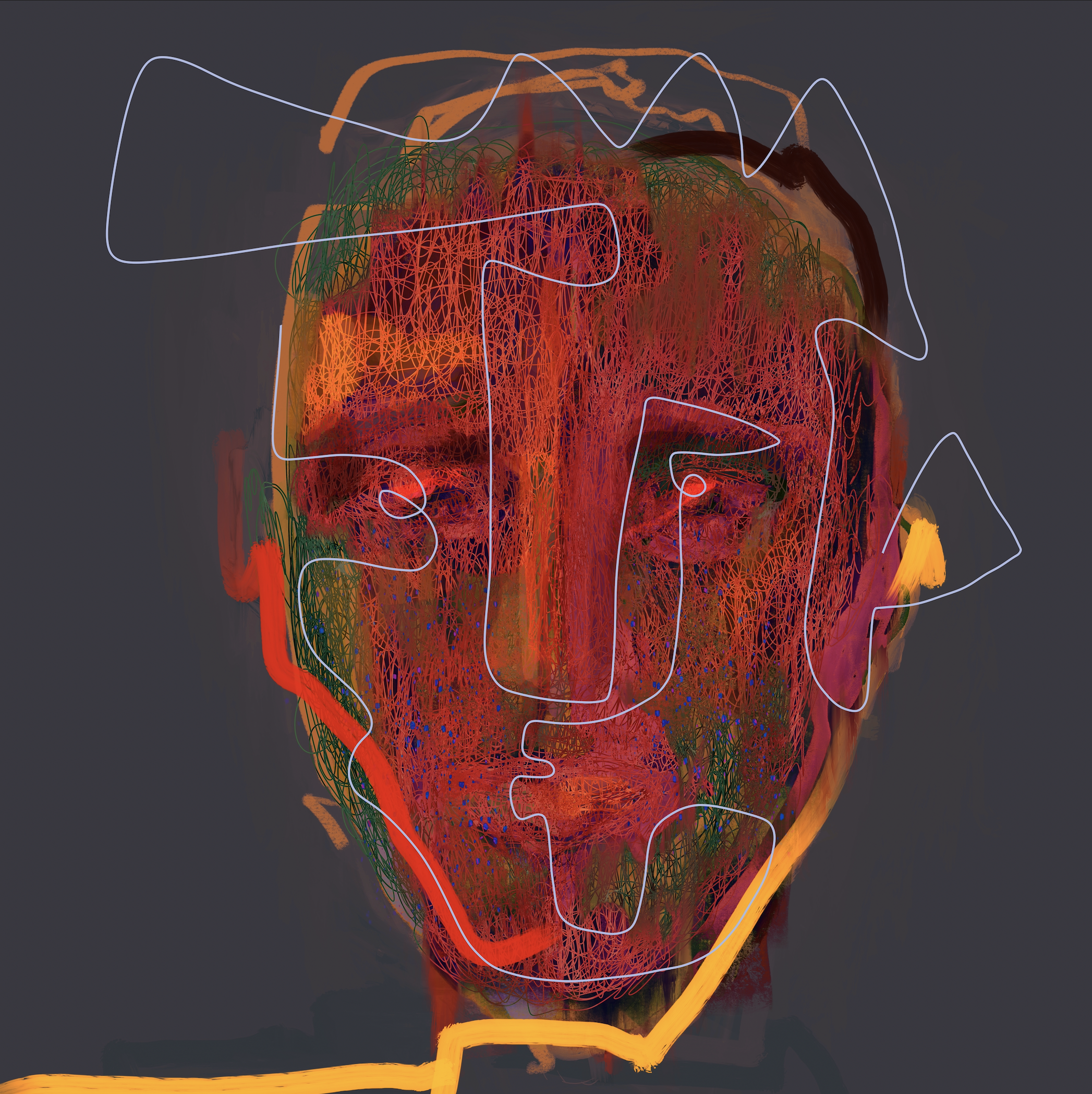 Broken Blue by Mishele — a digital portrait of a red and ochre face traced with looping lines against a dark grey background.