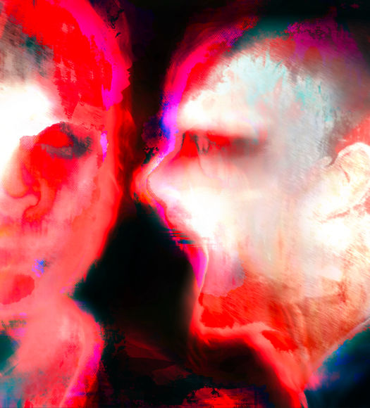 Shadow Twin by Mishele — two blurred faces meet across a dark gap, rendered in red, pink and pale blue.