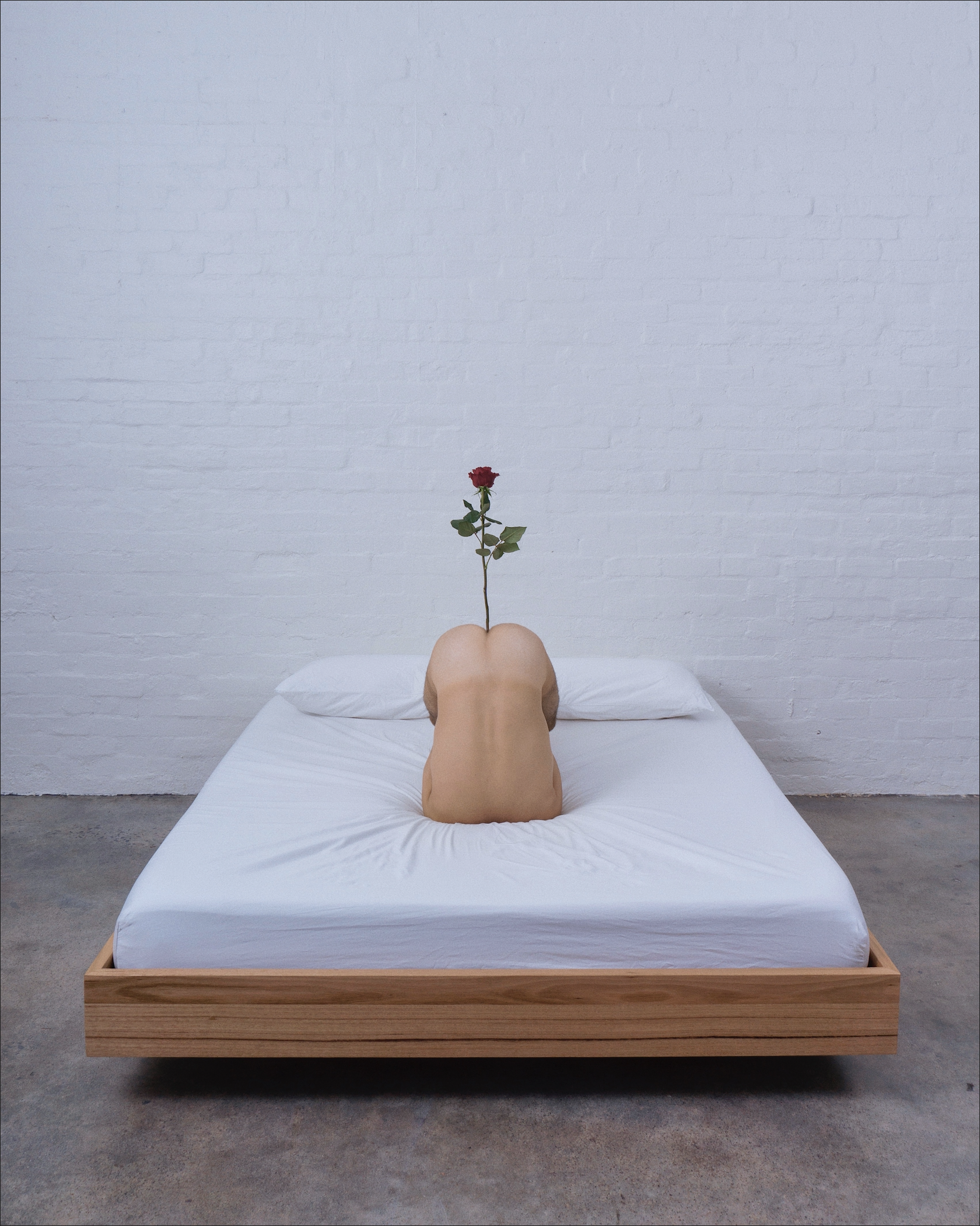 Bed, Lover and Rose by Mishele — a red rose stands between raised buttocks on a white bed against a white brick wall.