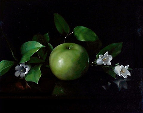 Green Apple and White Bell Flowers oil painting by Tamara Joylenev