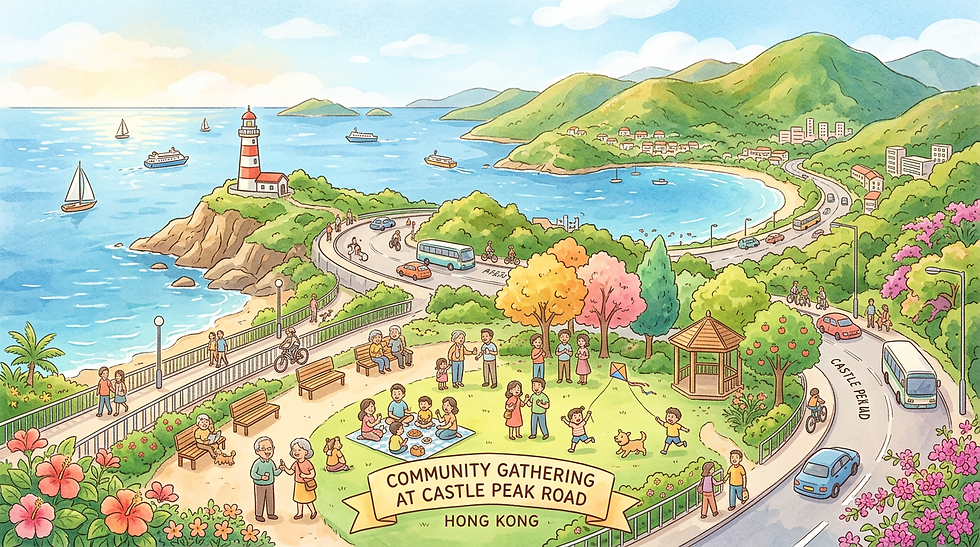 A_warm_watercolor_and_soft_hand_drawn_digital_illustration_of_Castle_Peak_Road_Hong_Kong_c