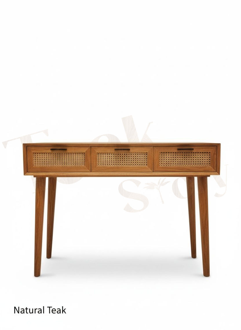Mid-Century Modern Teak Wood Console Table with Cane Rattan Drawers
