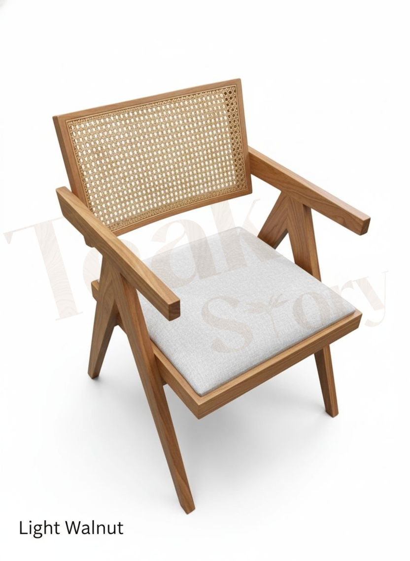 Thumbnail: Pierre Jeanneret Chandigarh Style Teak Wood Armchair with Cane & Cushion
