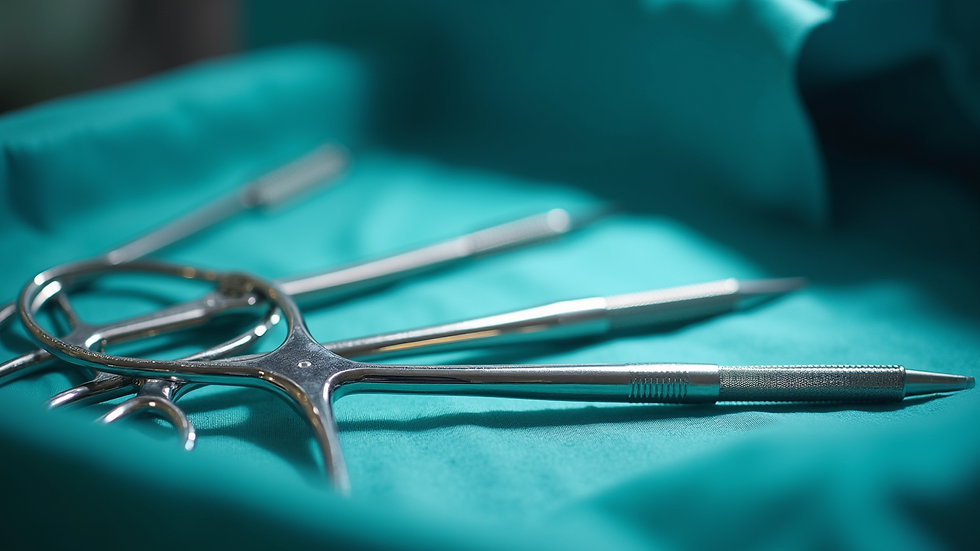 Close-up view of laparoscopic surgical instruments on a sterile tray