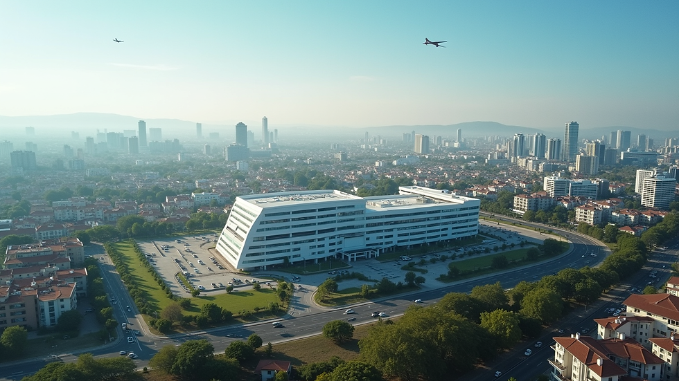 Vista aérea de hospital moderno en ciudad con tecnología avanzada