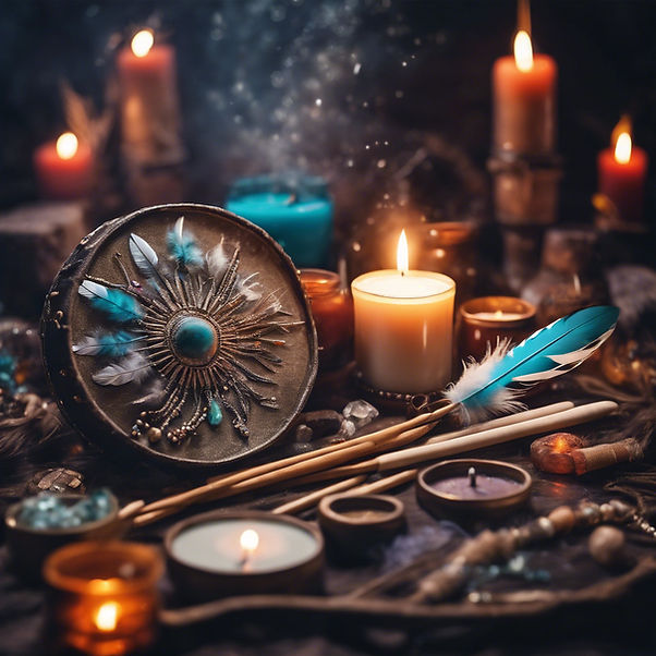 spiritual picture of shaman tools as drum feather candles and incense burning and sparkles