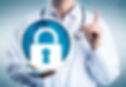 A doctor wearing a white lab coat and a stethoscope holds a glowing circular icon of a padlock, symbolizing cybersecurity and data privacy in healthcare. The doctor raises one finger, emphasizing the importance of secure medical information.