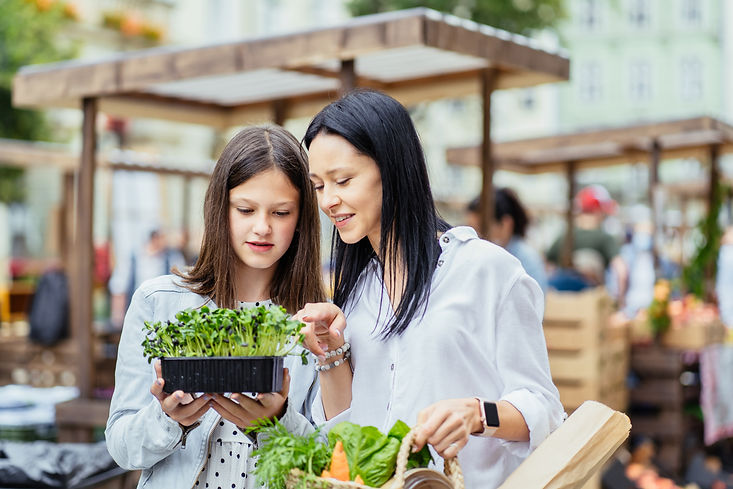 Family mother and teenager girl talking, holds organic microgreen, with straw bag full of 