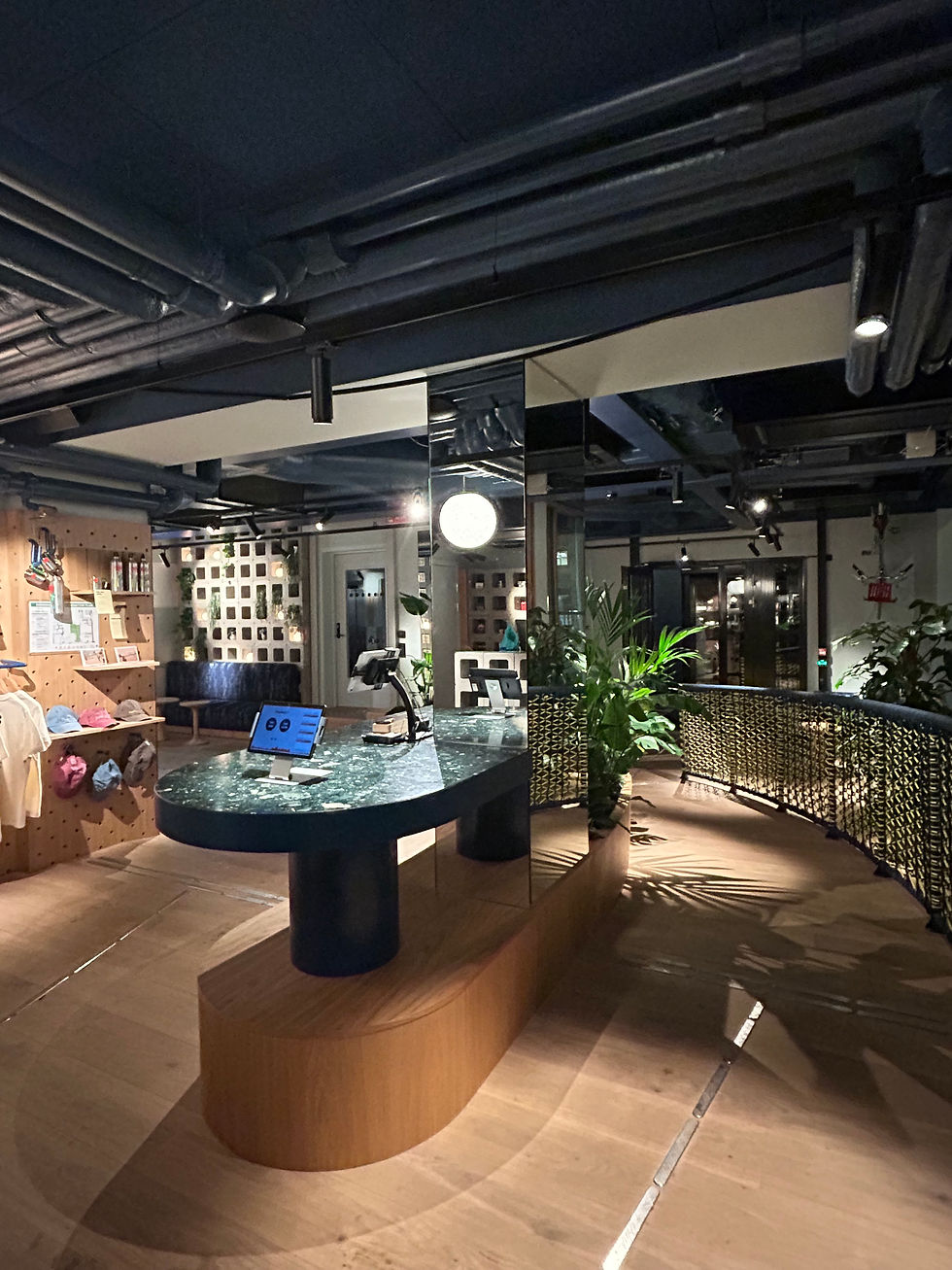 View toward Entry from Reception - Mirrored column is visually expanding.  The meandering ramped path both manages the grade change and accommodates all mobilities and rolling suitcases.