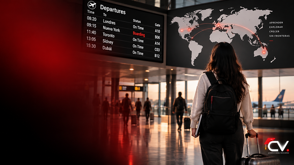 Estudiante comparando destinos de estudio ante un mapa mundial, con branding de CV International Education.