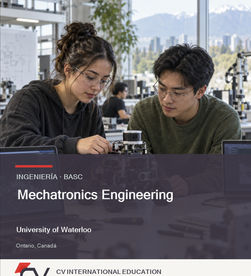 Estudiantes colaboran en un prototipo de robótica para ilustrar Mechatronics Engineering en University of Waterloo.