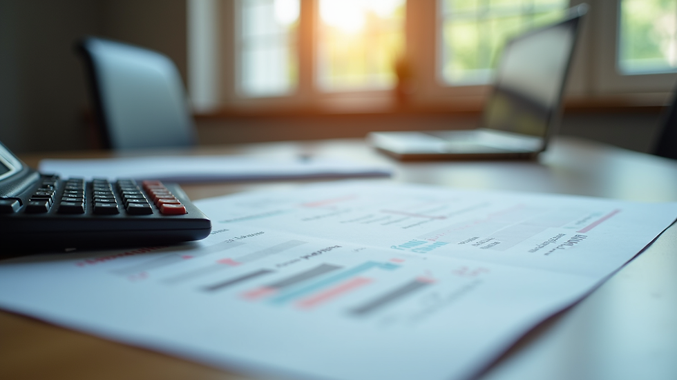 Eye-level view of a tidy office desk with bookkeeping documents and calculator