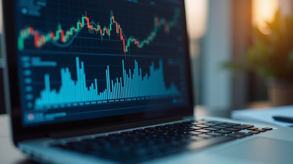 Close-up view of a laptop screen showing financial charts and graphs