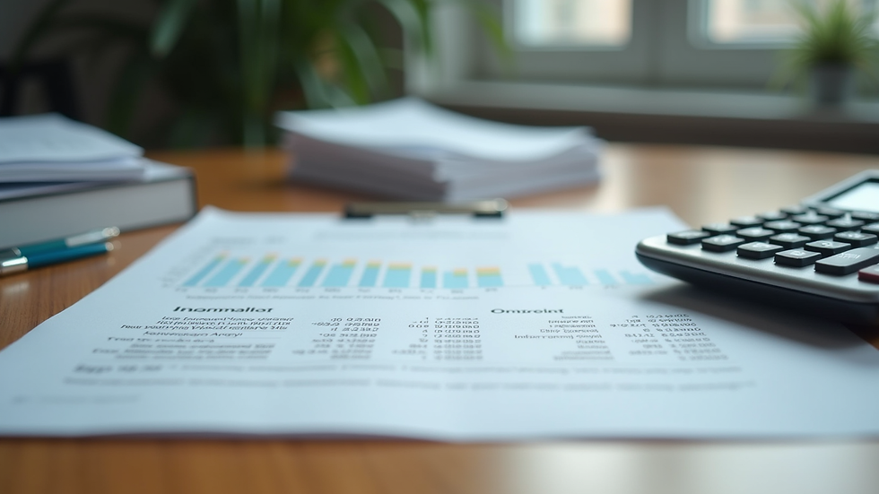 Eye-level view of a neat desk with financial documents and a calculator