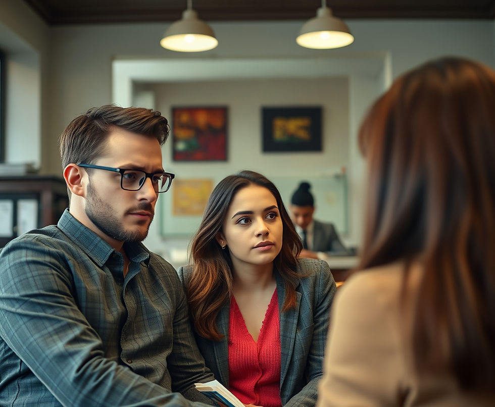 Concerned couple in a bank talking with
