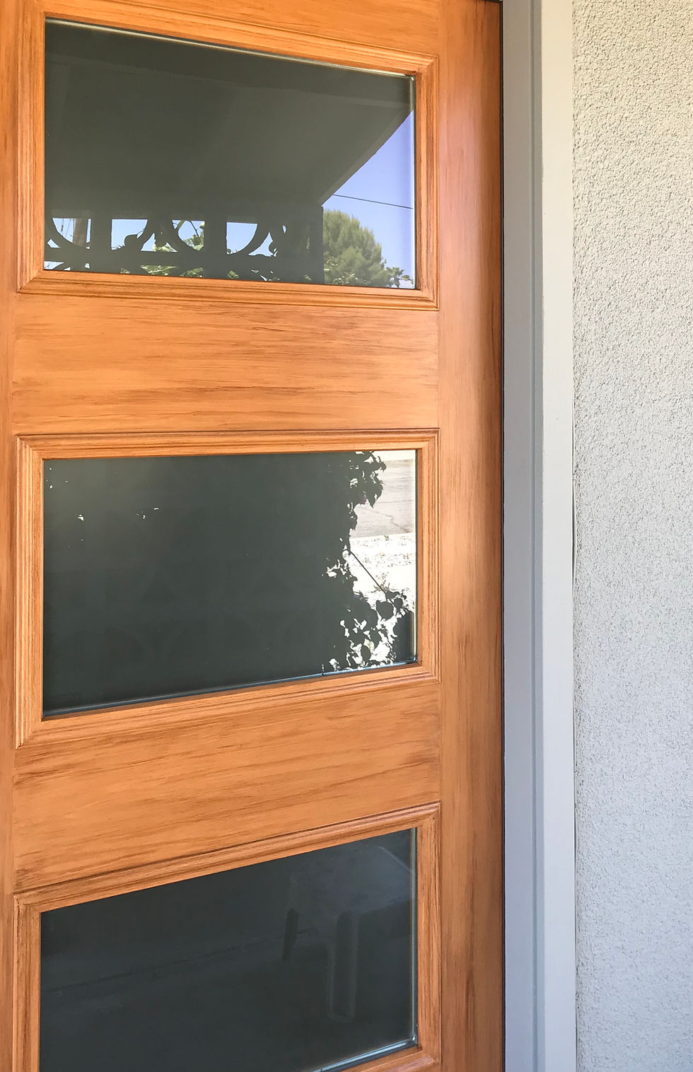 Faux teak finish, exterior door