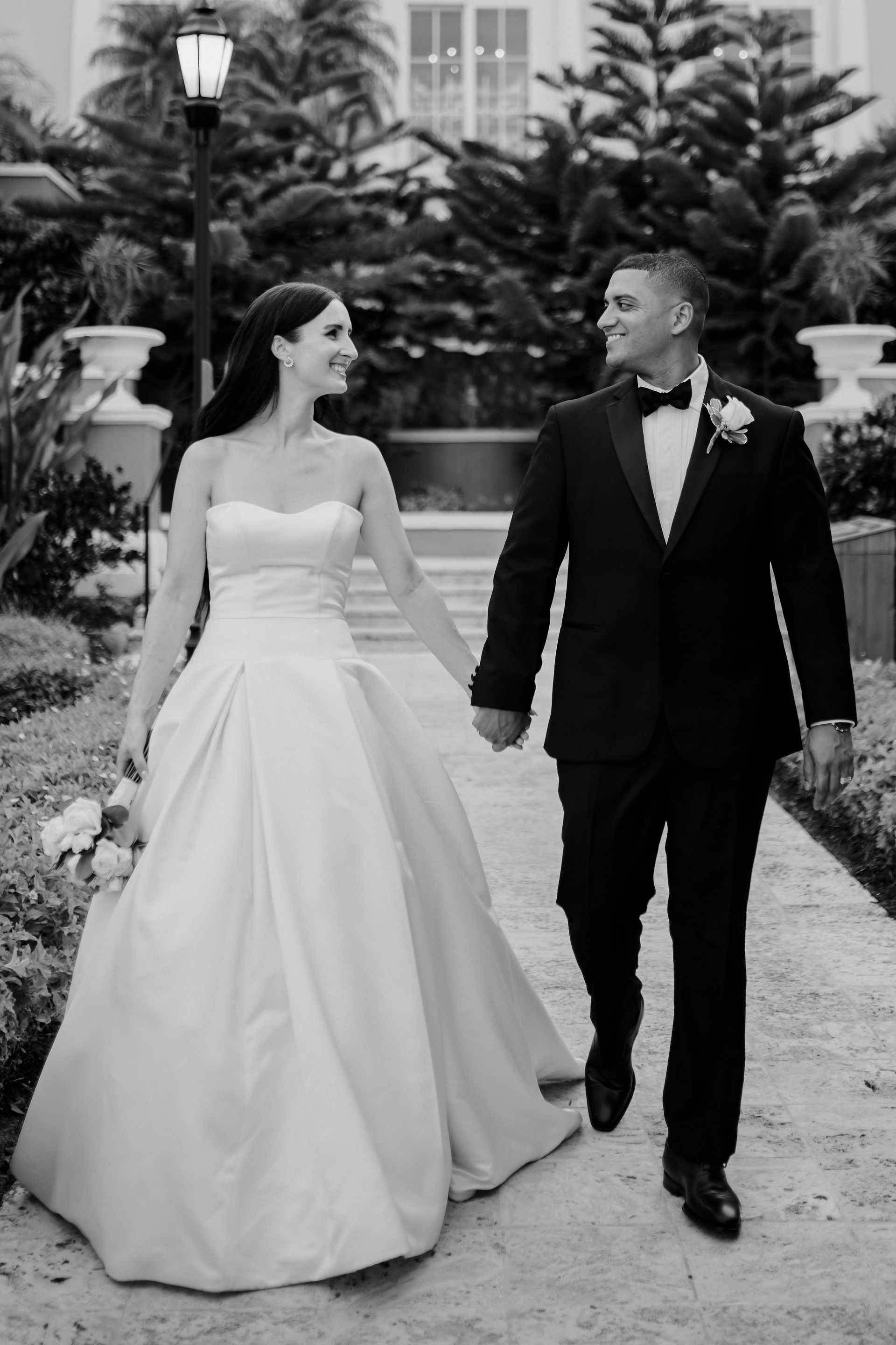 bride and groom walking 