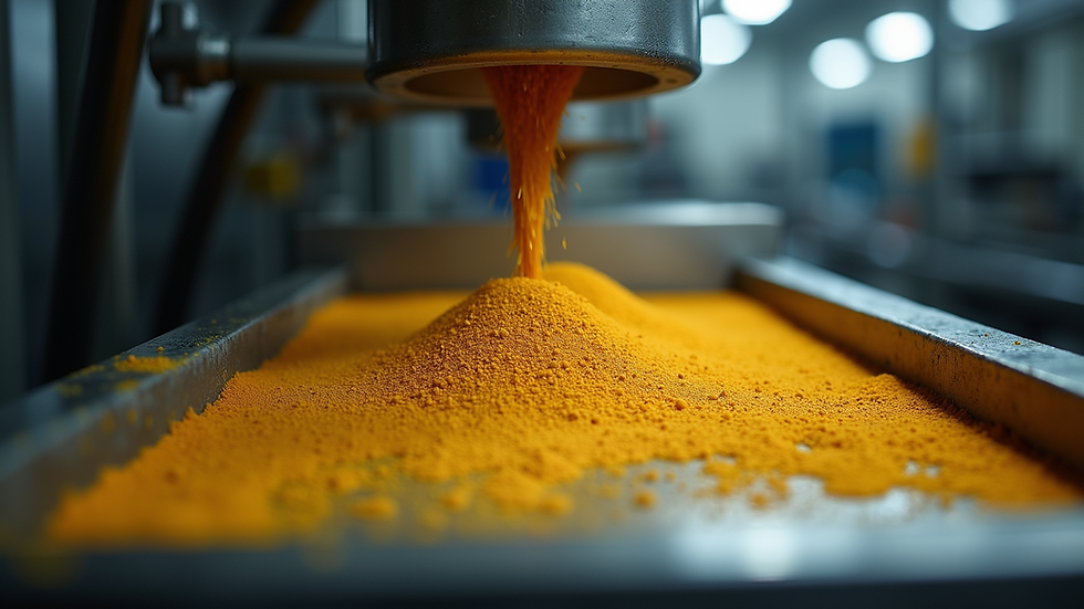 Vista cercana de especias molidas siendo tamizadas en una máquina industrial