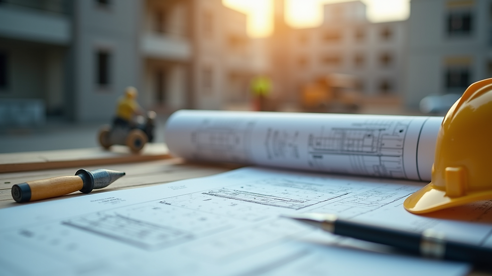 Close-up view of a construction site with blueprints and tools