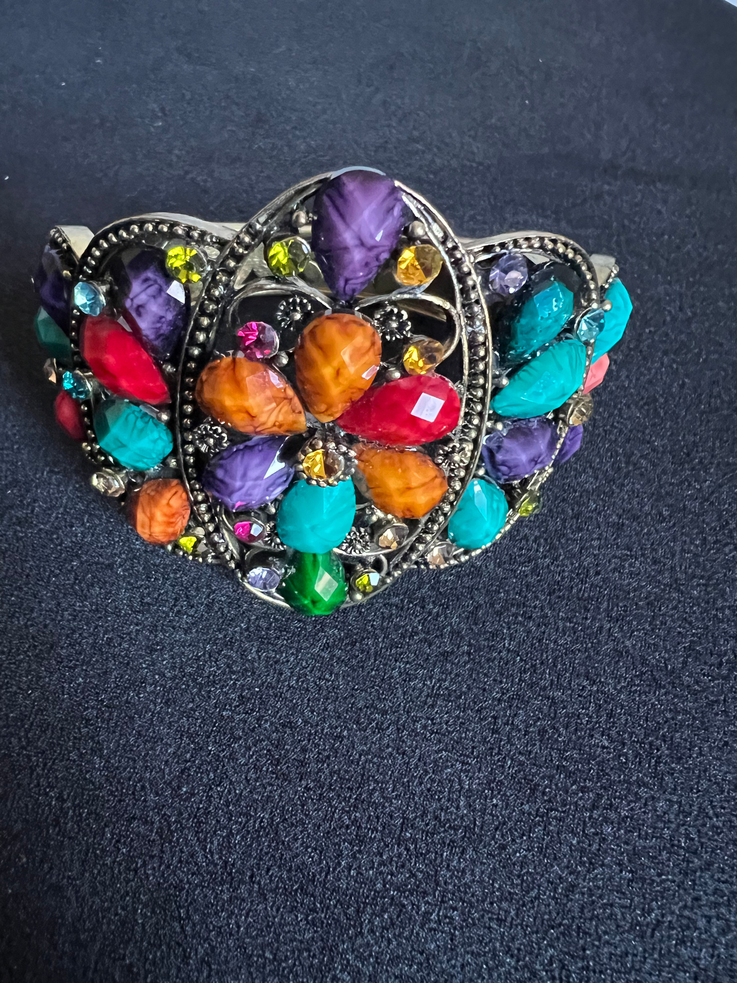 Colorful Brass and Rhinestone Bracelet with Flower Design