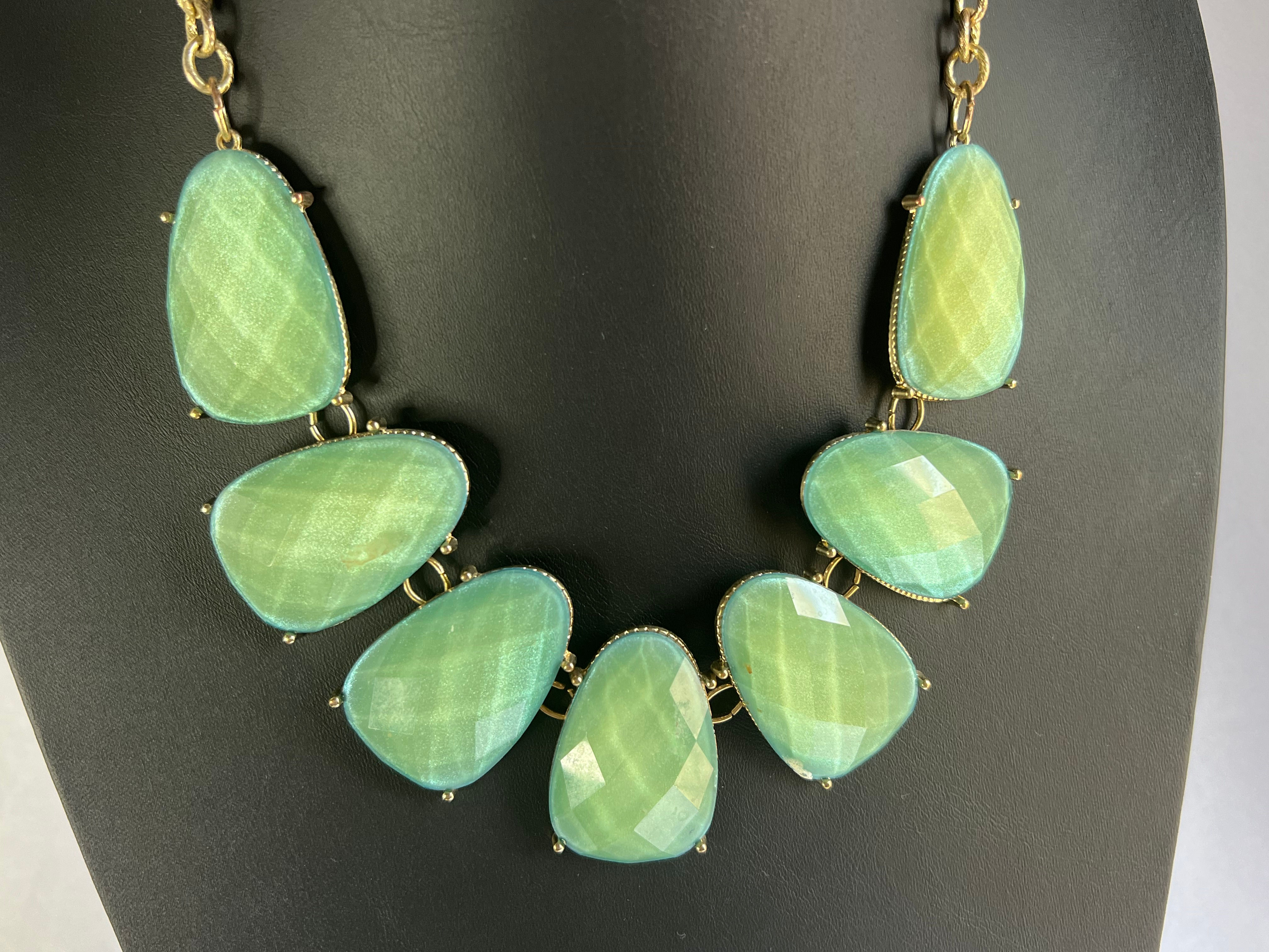 INC Green Composite Stone in Brass Necklace