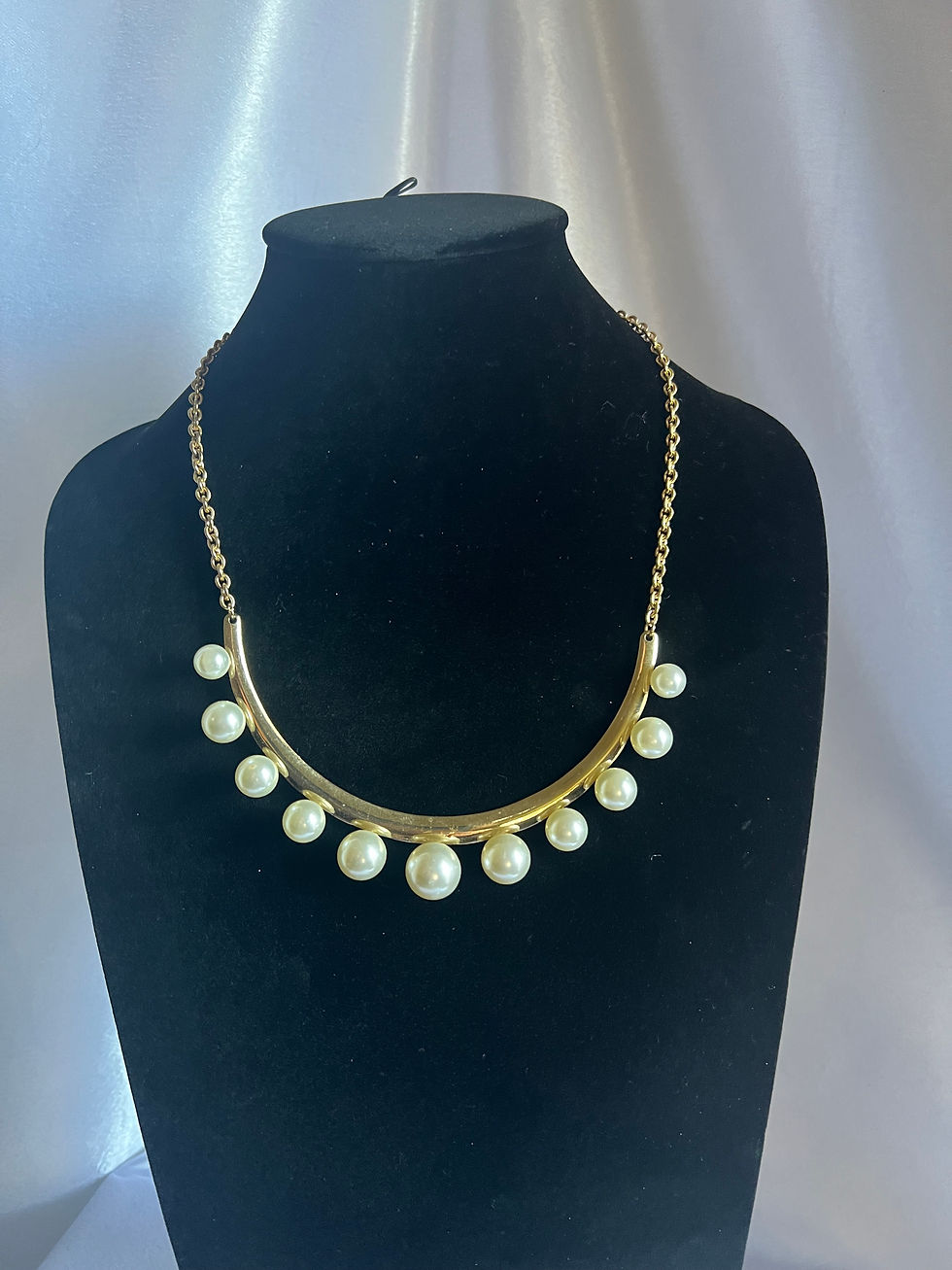 Thumbnail: Faux Pearl Necklace on Plated Brass Half Circle with Simulated Gold Chain