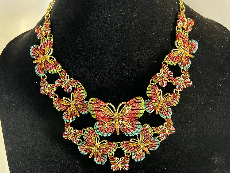 Multi Color Crystal Butterfly Necklace Earring Set / Gold Tones