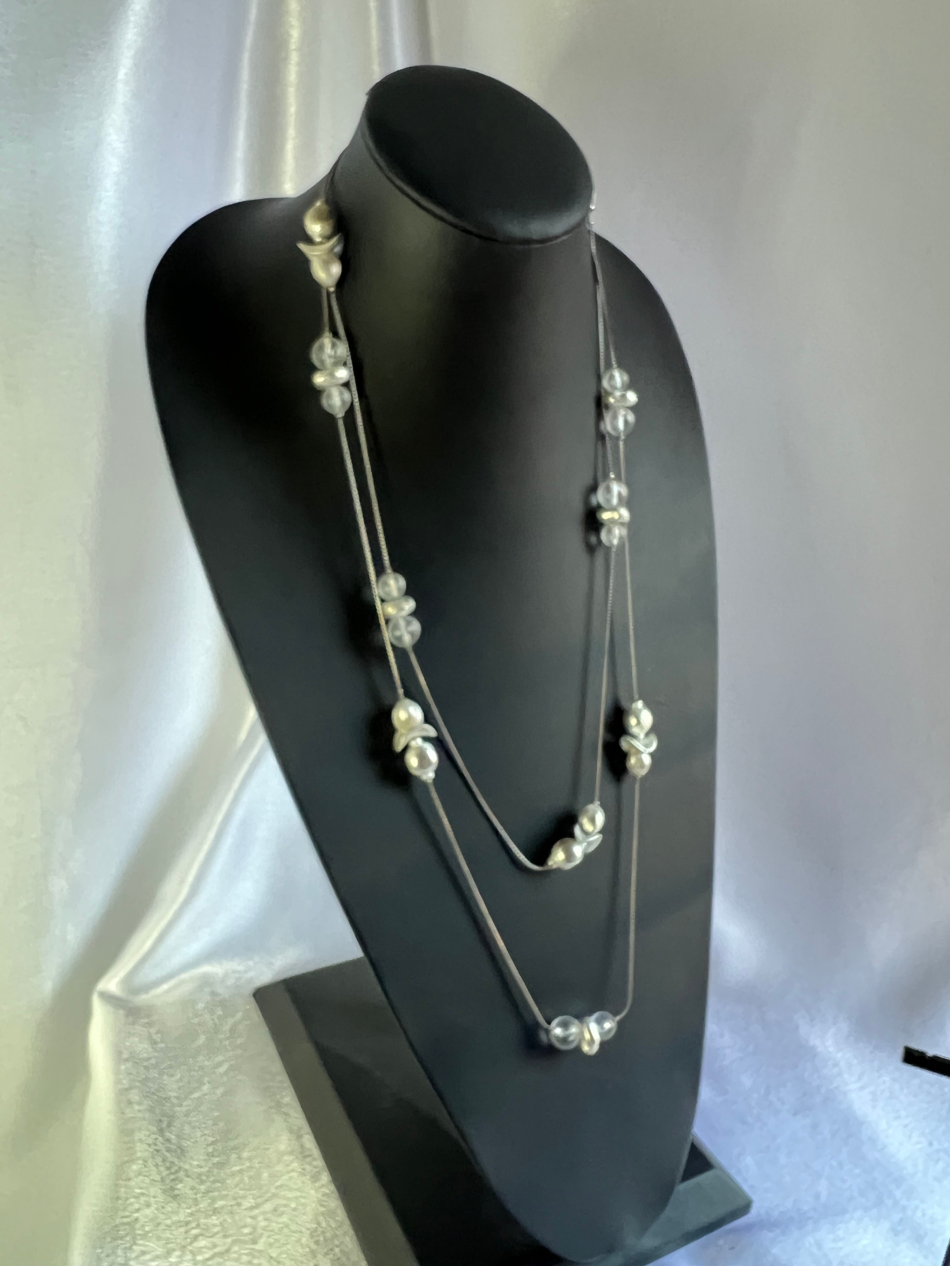 Long Silver Pearl and Rhinestone Necklace