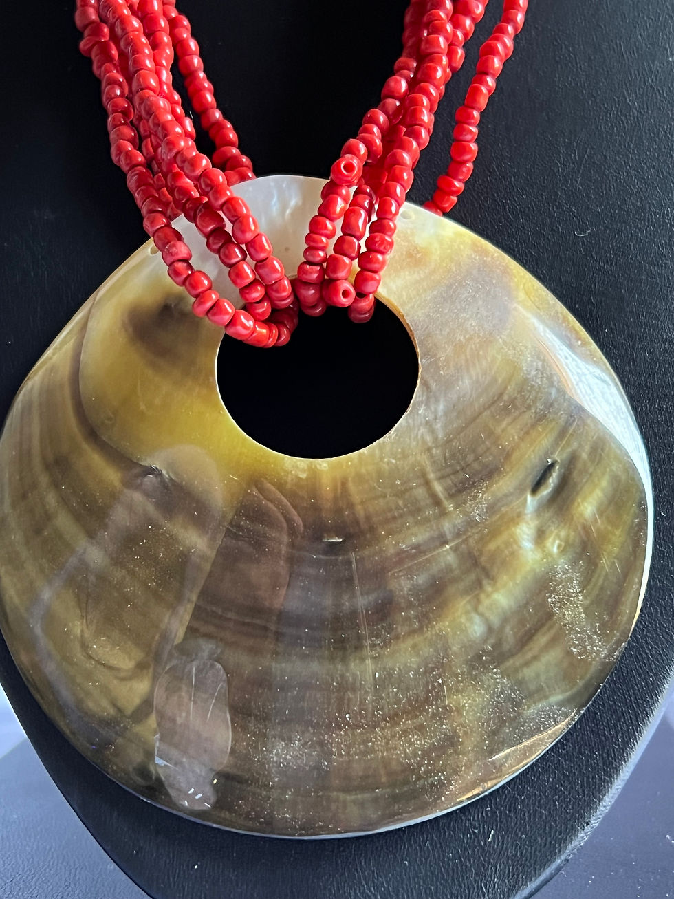 Thumbnail: Oyster Shell on Handcrafted Red Coral 6 Strand Necklace