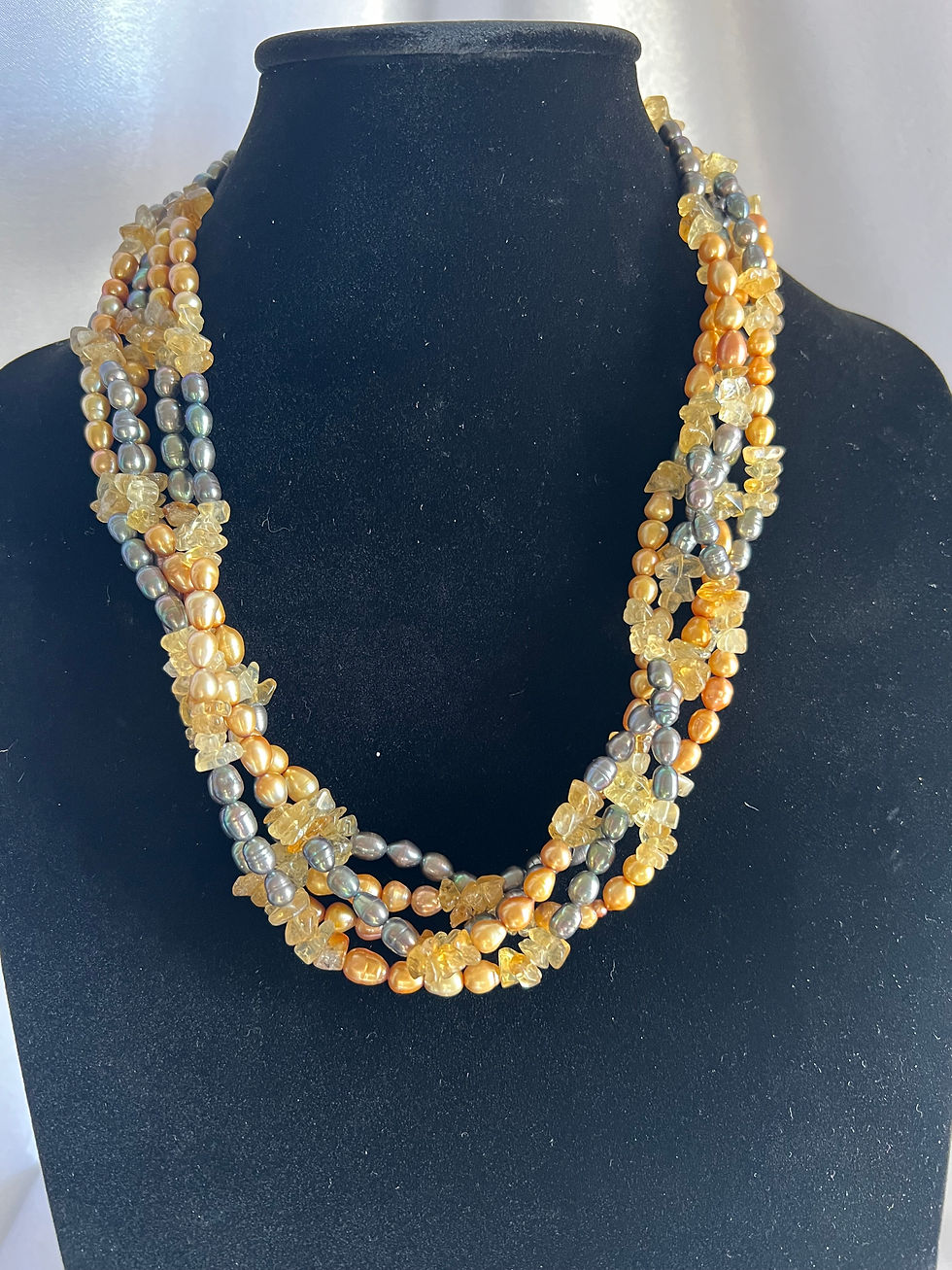 5 Strand Freshwater Pearl and Quartz Chip Necklace