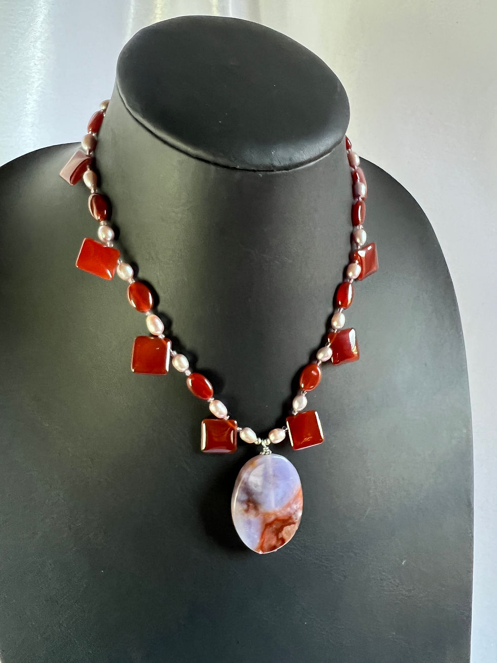Freshwater Pearl and Agate Necklace with Silver Clasp