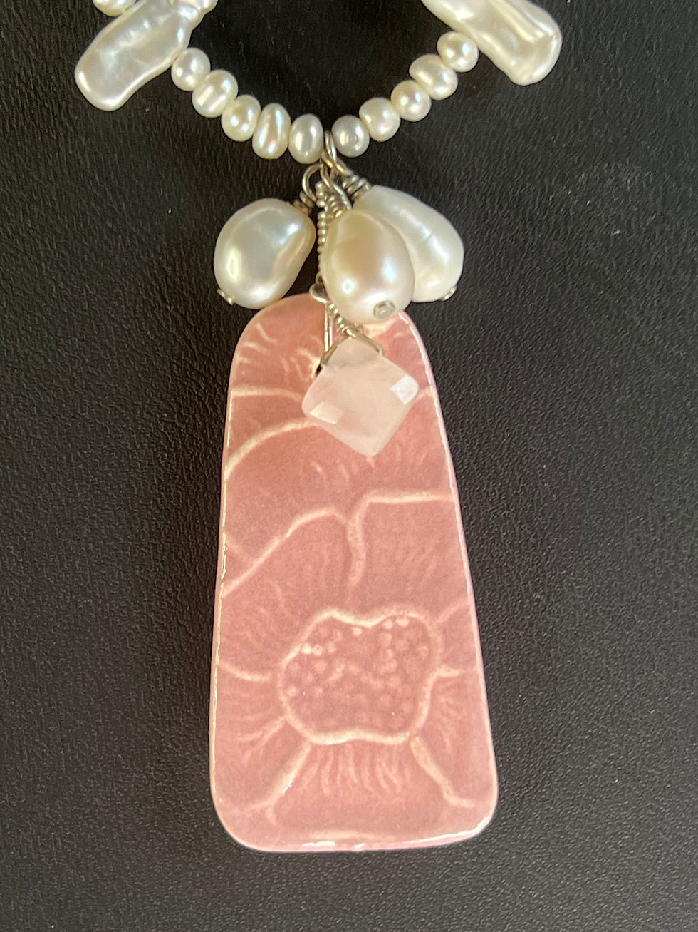 Thumbnail: Rose Quartz and Pearl Necklace with Pink Ceramic Pendant