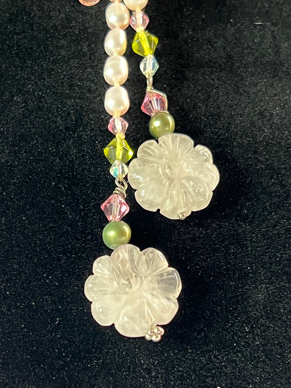 Pink Pearl Rosary with Carved Quartz Flowers and Crystals