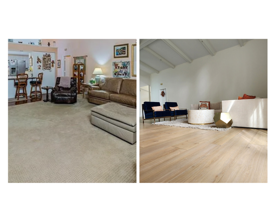 Before and after image of a Nesty Interior Flooring Renovation, showing the transformation of an outdated outdoor floor into a modern, durable new surface.