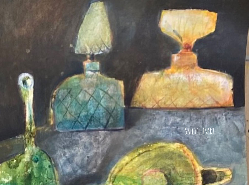 Thumbnail: Her Perfume Bottles  65x50cm acrylic and ink on paper and board, framed